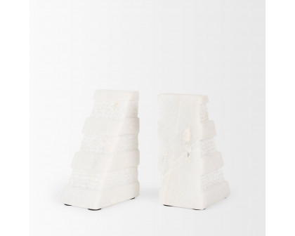 Mercana - Cavetto White Marble Bookends with Rough Carving (Set of 2)