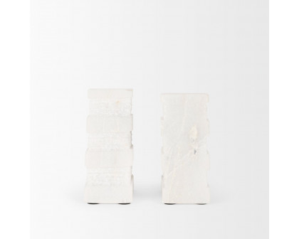 Mercana - Cavetto White Marble Bookends with Rough Carving (Set of 2)