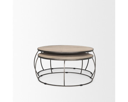 Mercana - Clapp Round Light Brown with White Wash Wood and Silver Metal Nesting Coffee Tables (Set of 2)