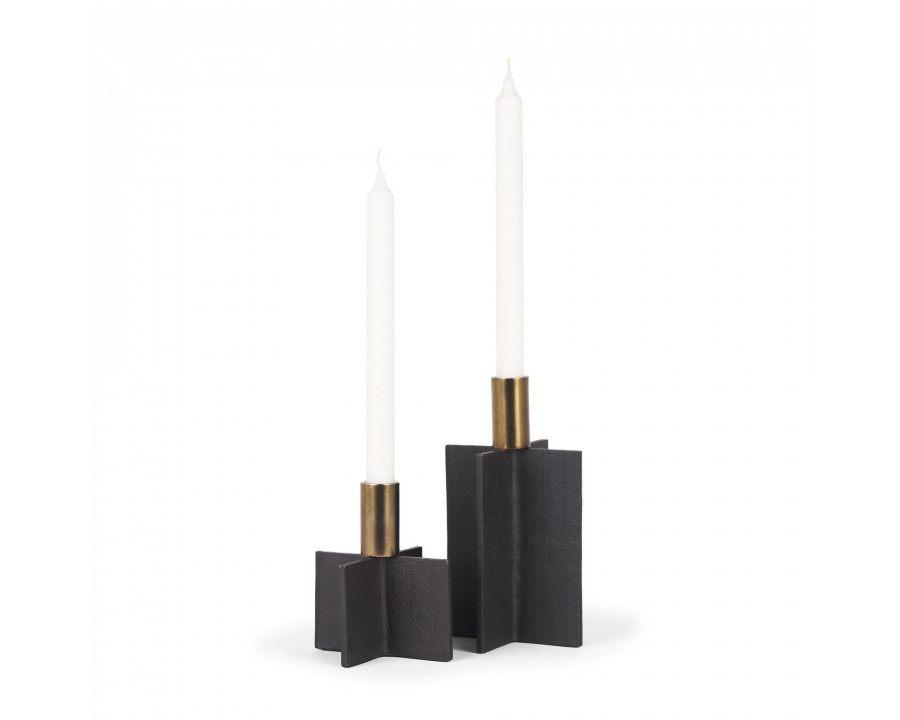 Mercana Pia Candleholder with Brushed Gold Metal Taper (Set of 2) - Black