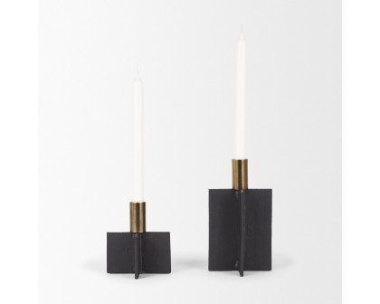 Mercana Pia Candleholder with Brushed Gold Metal Taper (Set of 2) - Black