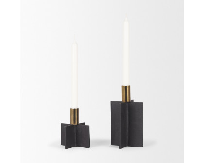 Mercana Pia Candleholder with Brushed Gold Metal Taper (Set of 2) - Black