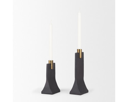 Mercana Polli Candleholders with Brushed Gold Metal Taper (Set of 2) - Black