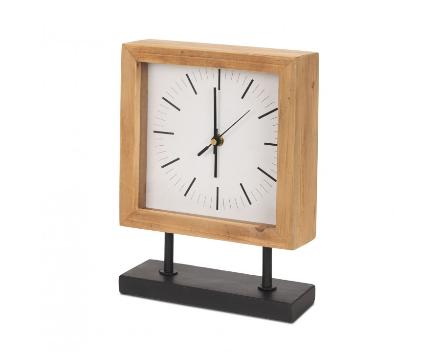 Mercana - Renaya Light Brown Wood Table Clock with Matte Black Metal Base