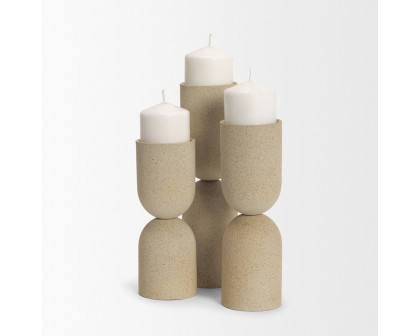 Mercana Qamra Short Beige Textured Metal Pillar Candle Holder