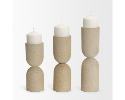 Mercana Qamra Short Beige Textured Metal Pillar Candle Holder