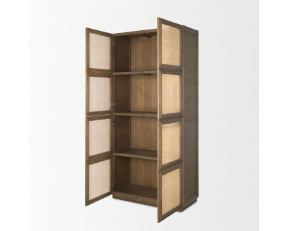 Mercana - Sina Brown Oak Wood with Natural Rattan 2 Door Curio Cabinet