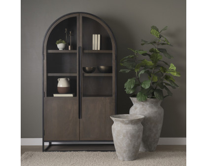 Mercana Sloan 80" Curio Cabinet with Black Metal Frame - Dark Brown, Wood/Metal