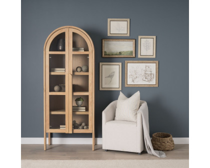 Mercana - Callum Light Brown Elm Wood with Glass Doors Arched Curio Cabinet