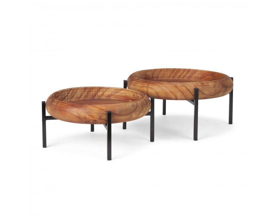 Mercana - Wally Round Medium Brown Wood with Matte Black Metal Stand Trays