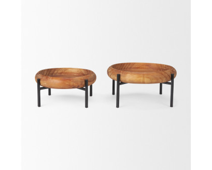 Mercana - Wally Round Medium Brown Wood with Matte Black Metal Stand Trays