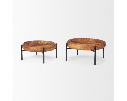 Mercana - Wally Round Medium Brown Wood with Matte Black Metal Stand Trays