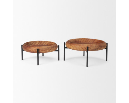 Mercana - Wally Round Medium Brown Wood with Matte Black Metal Stand Trays