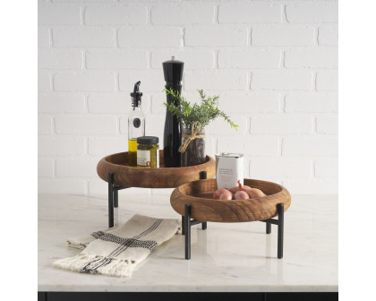 Mercana - Wally Round Medium Brown Wood with Matte Black Metal Stand Trays