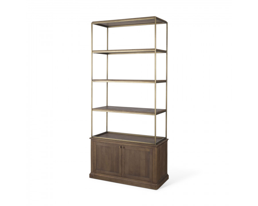 Mercana Braxton Small Shelving Unit with Antiqued Aged Brass Metal 3 Tiers 2 Door - Dark Brown, Wood/Metal