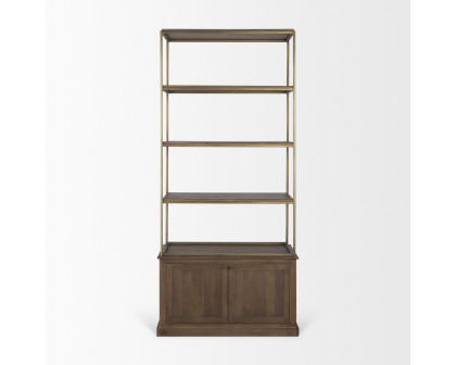 Mercana Braxton Small Shelving Unit with Antiqued Aged Brass Metal 3 Tiers 2 Door - Dark Brown, Wood/Metal