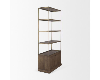 Mercana Braxton Small Shelving Unit with Antiqued Aged Brass Metal 3 Tiers 2 Door - Dark Brown, Wood/Metal