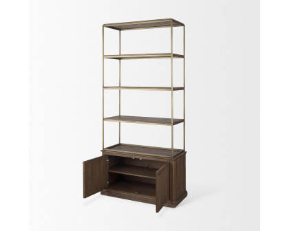 Mercana Braxton Small Shelving Unit with Antiqued Aged Brass Metal 3 Tiers 2 Door - Dark Brown, Wood/Metal