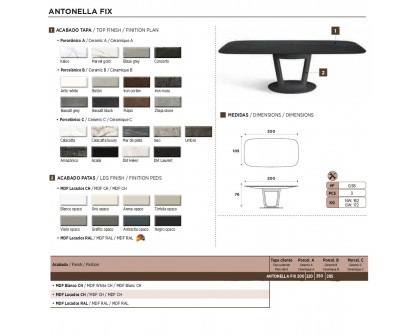 Nacher Antonella Fixed Rectangular Dining Table - MDF RAL Legs, Ceramic A Top