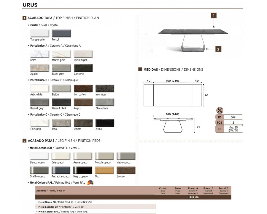 Nacher Urus Extendable Rectangular Dining Table - Painted CH Legs, Glass Top