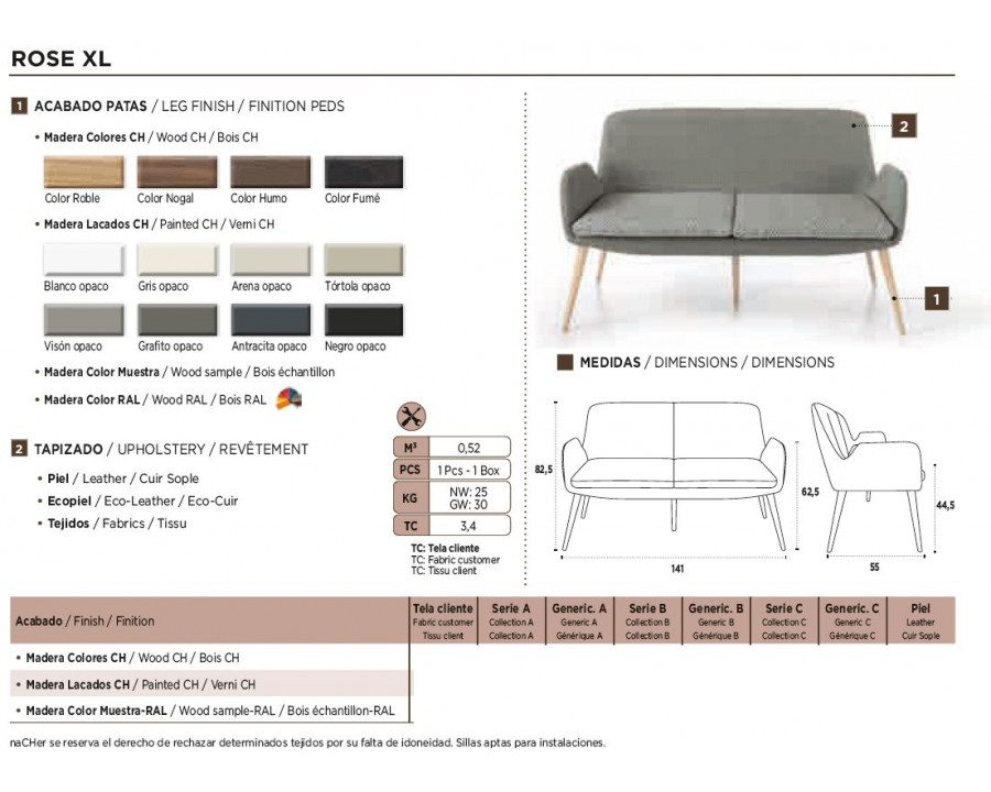 Nacher Rose XL Settee - Wood CH Legs, Series A Upholstery