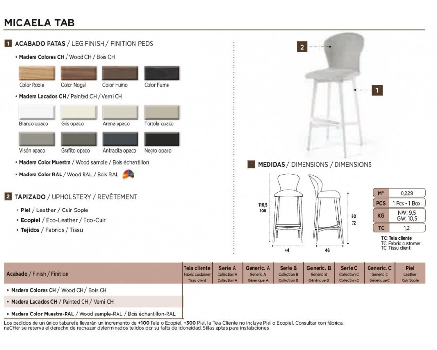 Nacher Micaela Bar Stool - Wood Sample RAL Legs, Series B Upholstery