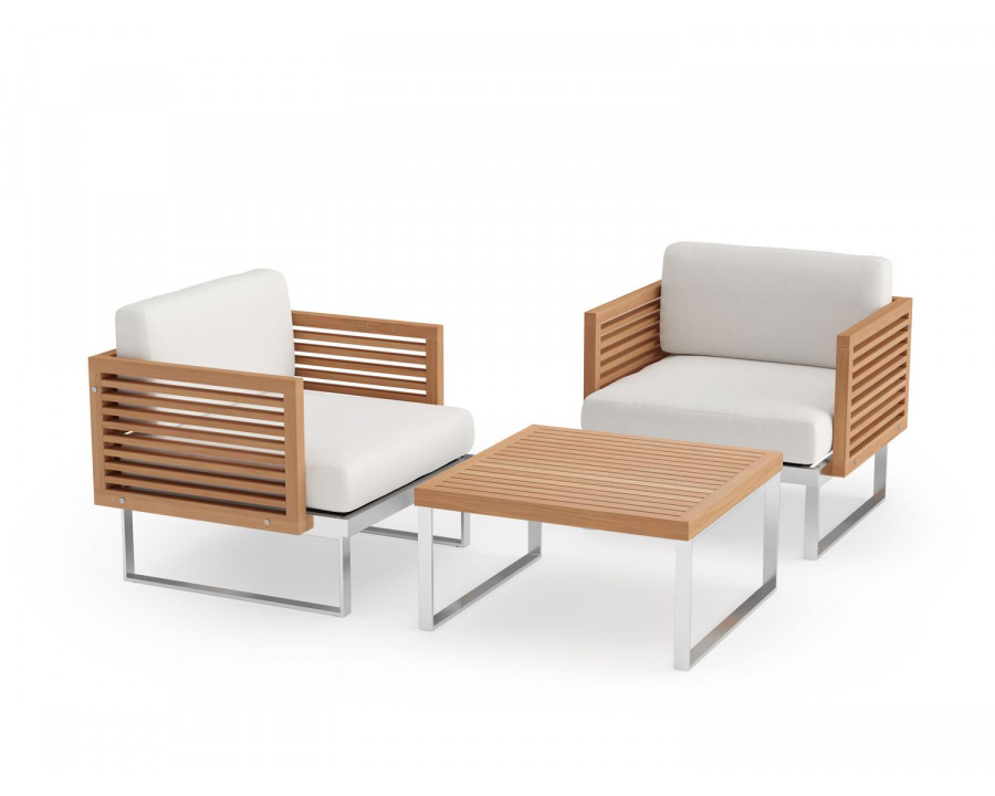 NewAge Monterey 3 Piece Chat Set with Coffee Table - Canvas Natural, Stainless Steel, Teak