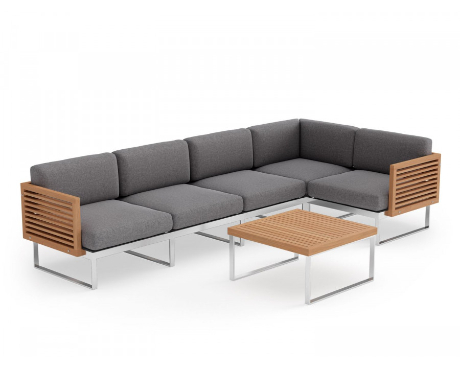 NewAge Monterey 5 Seater Sectional with Coffee Table - Cast Slate, Stainless Steel, Teak