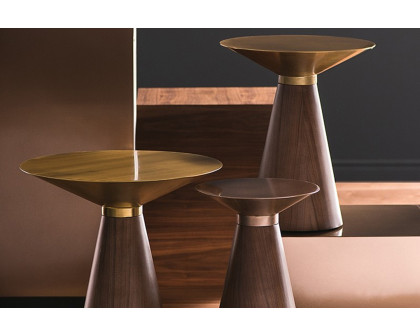 Nuevo™ Iris Side Table - X Brushed Gold Top, Walnut Veneer Base, L19,8'' x W19,8'' x H19,8''