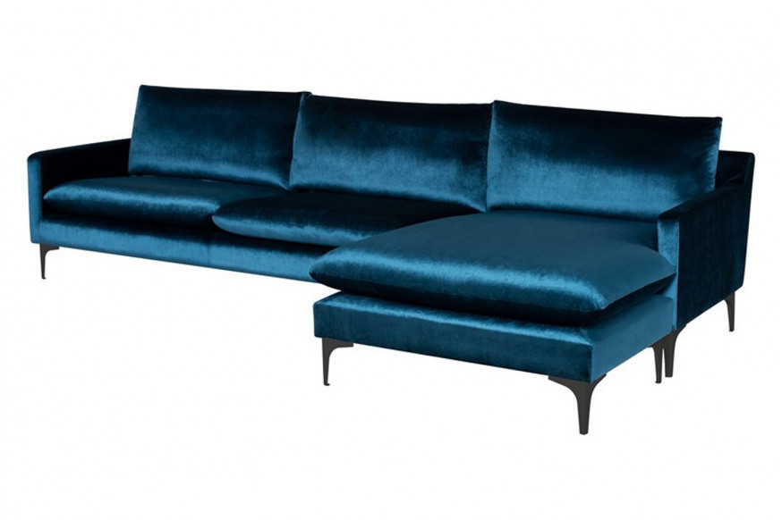 Nuevo™ Anders Sectional - Midnight Blue Velour Color, Matte Black Legs