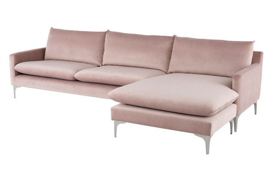 Nuevo™ Anders Sectional - Blush Velour Color, Brushed Stainless Legs