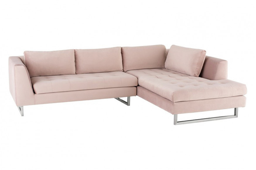 Nuevo™ Janis Sectional - Blush Velour Seat, Brushed Stainless Legs, Right Chaise