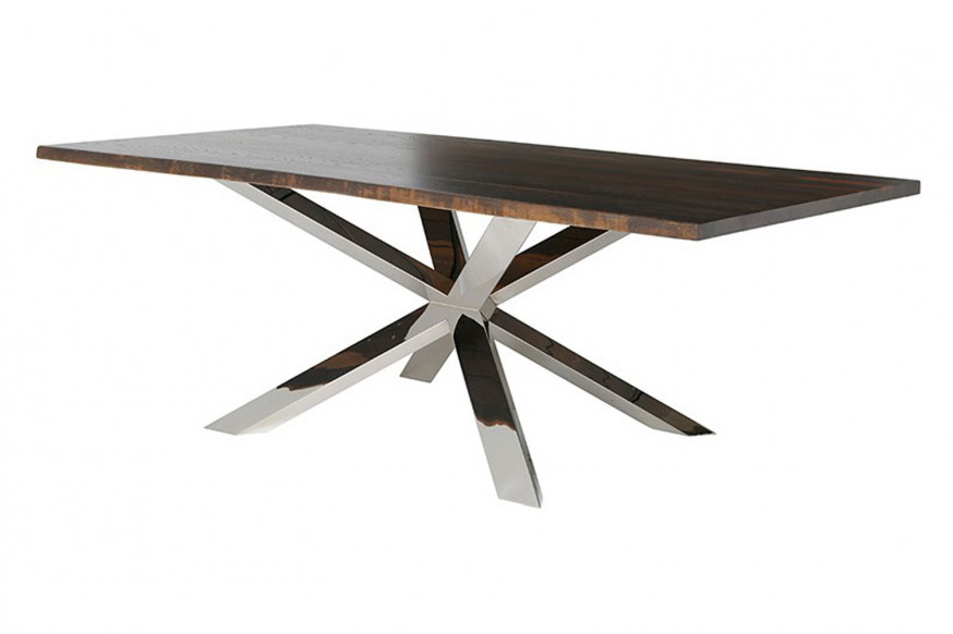 Nuevo™ Couture Dining Table - Seared Oak Top, Polished Stainless Base, L112'' x W44'' x H29,5''