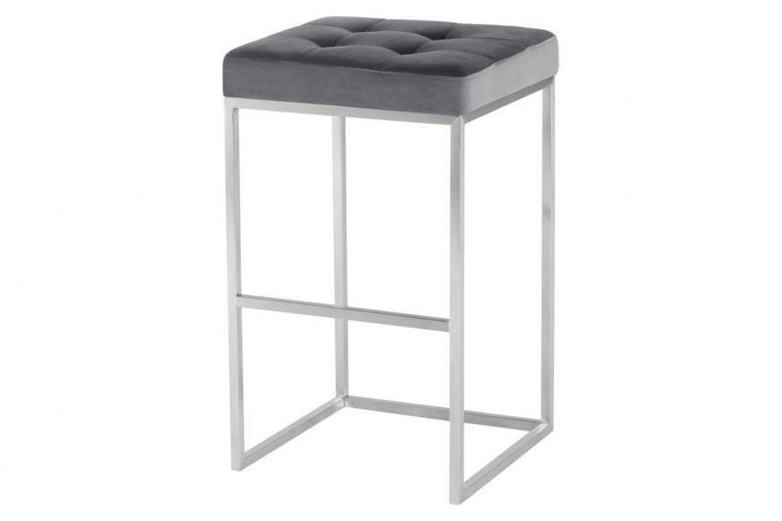 Nuevo™ Chi Bar Stool - Tarnished Silver Velour Seat, Brushed Stainless Frame