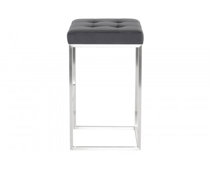 Nuevo™ Chi Bar Stool - Tarnished Silver Velour Seat, Brushed Stainless Frame