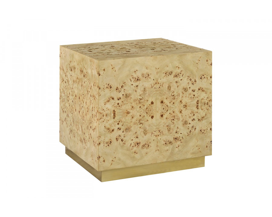 Oliver Cube Side Table - Clear/Mappa Burl Veneer