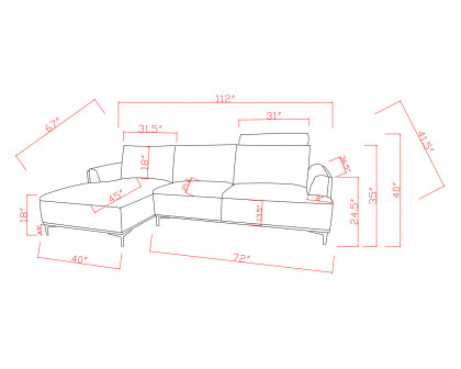 Pasargad Modern Lucca Sectional Sofa with Push Back Functional, Left Facing Chaise Gray Color