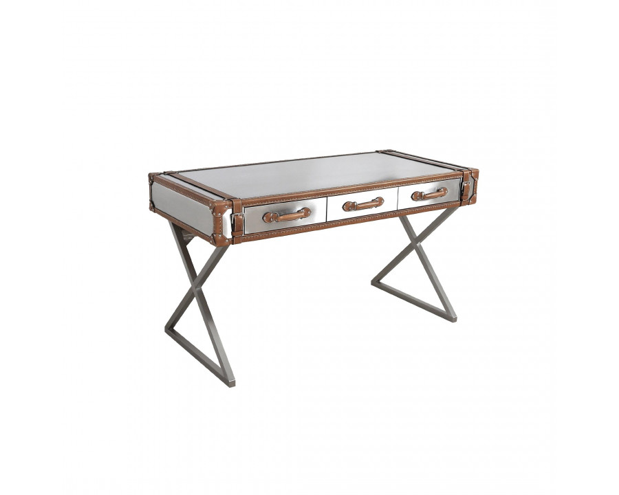 Pasargad - Brookline Desk in Brown/Silver, Stainless Steel/Genuine Leather