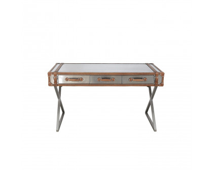 Pasargad - Brookline Desk in Brown/Silver, Stainless Steel/Genuine Leather