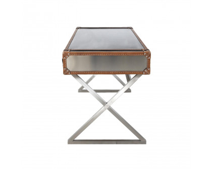 Pasargad - Brookline Desk in Brown/Silver, Stainless Steel/Genuine Leather