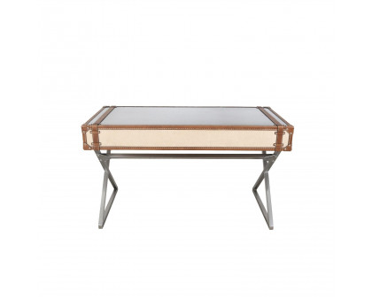 Pasargad - Brookline Desk in Brown/Silver, Stainless Steel/Genuine Leather