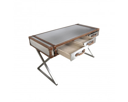 Pasargad - Brookline Desk in Brown/Silver, Stainless Steel/Genuine Leather