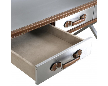 Pasargad - Brookline Desk in Brown/Silver, Stainless Steel/Genuine Leather