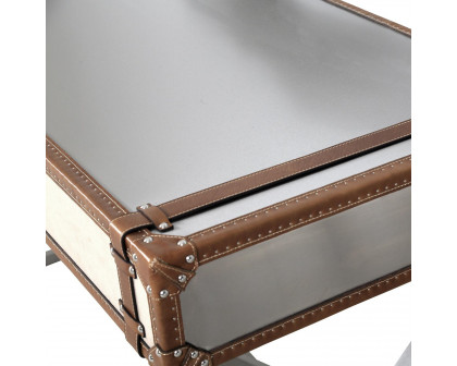 Pasargad - Brookline Desk in Brown/Silver, Stainless Steel/Genuine Leather