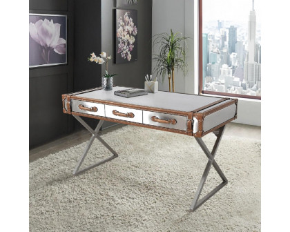 Pasargad - Brookline Desk in Brown/Silver, Stainless Steel/Genuine Leather