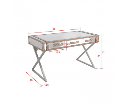 Pasargad - Brookline Desk in Brown/Silver, Stainless Steel/Genuine Leather