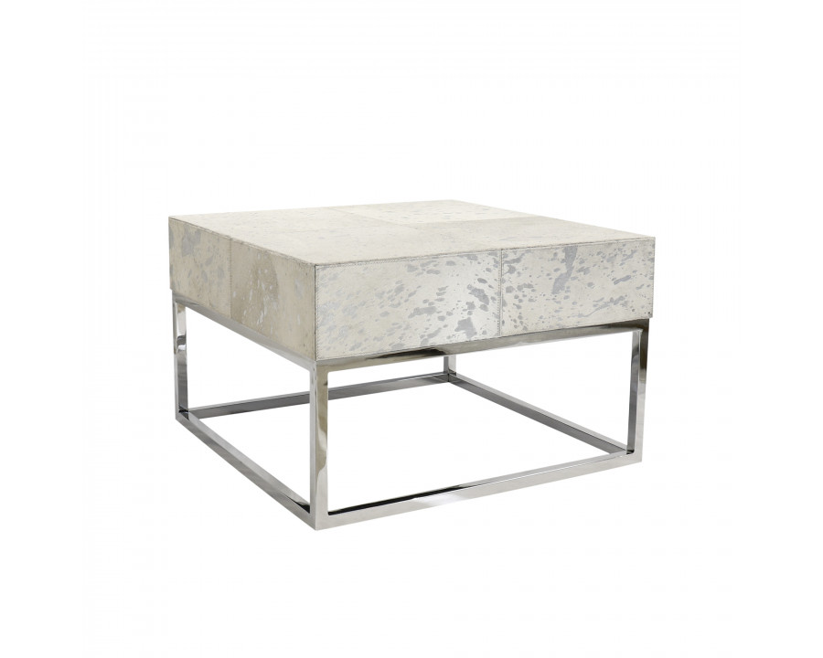 Pasargad - Safari Square Coffee Table in Silver, Cowhide/Steel