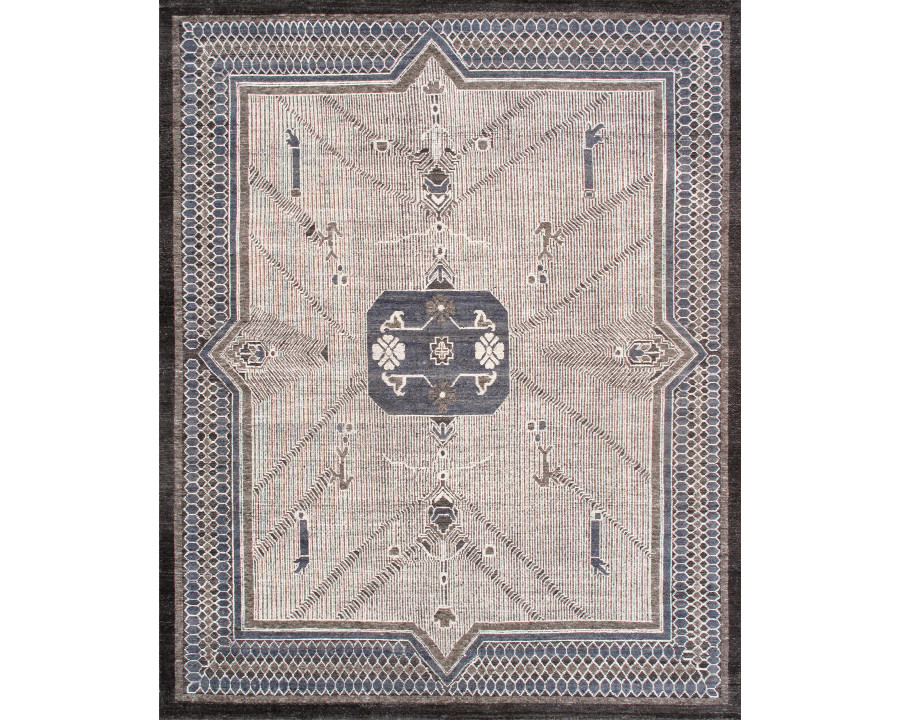 Pasargad - Khotan Collection Hand-Knotted Wool Area Rug in Ivory/Charcoal, 111" x 138" (pkh-520A 9x12)