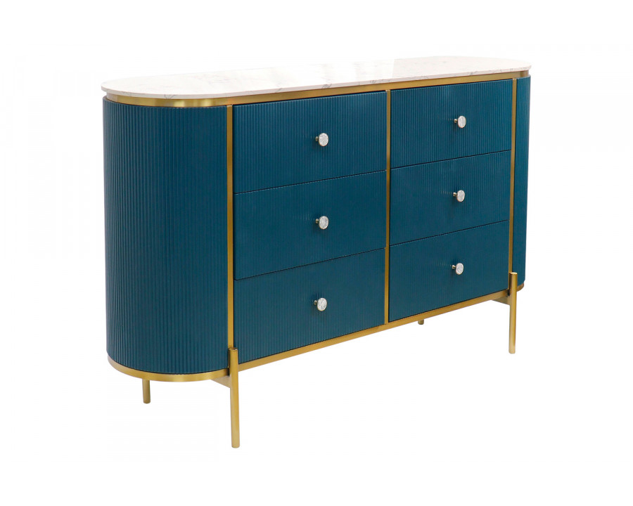 Pasargad - Theodore Green Sideboard, 6 Drawers and Gold Polished Metal Frame