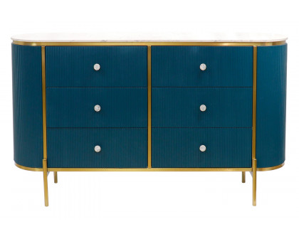 Pasargad - Theodore Green Sideboard, 6 Drawers and Gold Polished Metal Frame